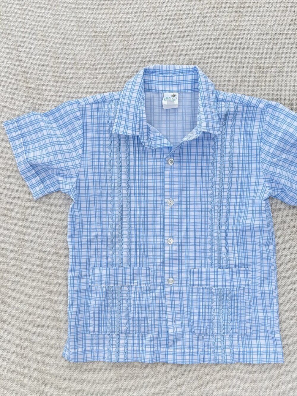 SIX HONEYBEES Boys Guayabera Mexican Style Shirt Blue 6